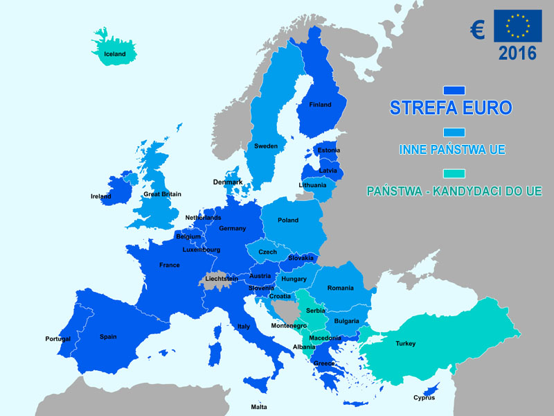 Mapa Unii Europejskiej - zaznaczona strefa Euro