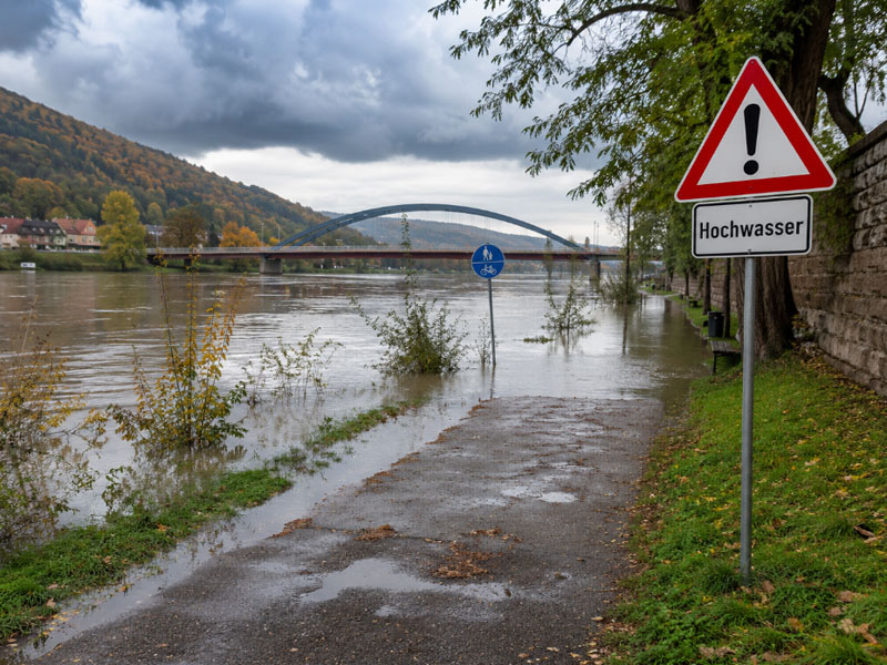 Zalana nadrzeczna ścieżka i znak ostrzegawczy podczas powodzi jako przykład skutków zmian klimatu w europejskim regionie